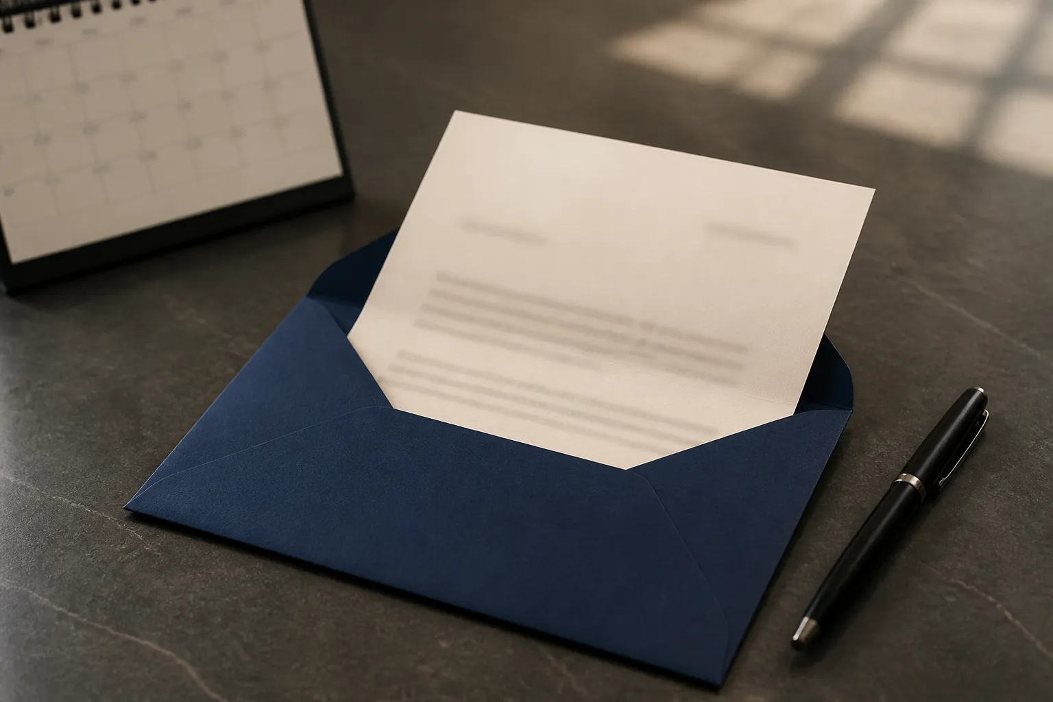 Förmlicher Brief in einem dunkelblauen Umschlag auf einem Schreibtisch