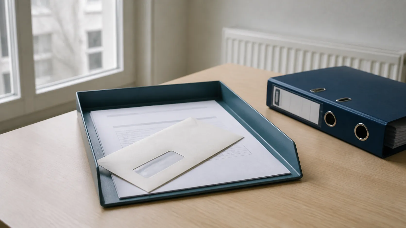 Fensterbrief mit Rechnung in einer blaugrauen Ablage auf einem hellen Büroschreibtisch
